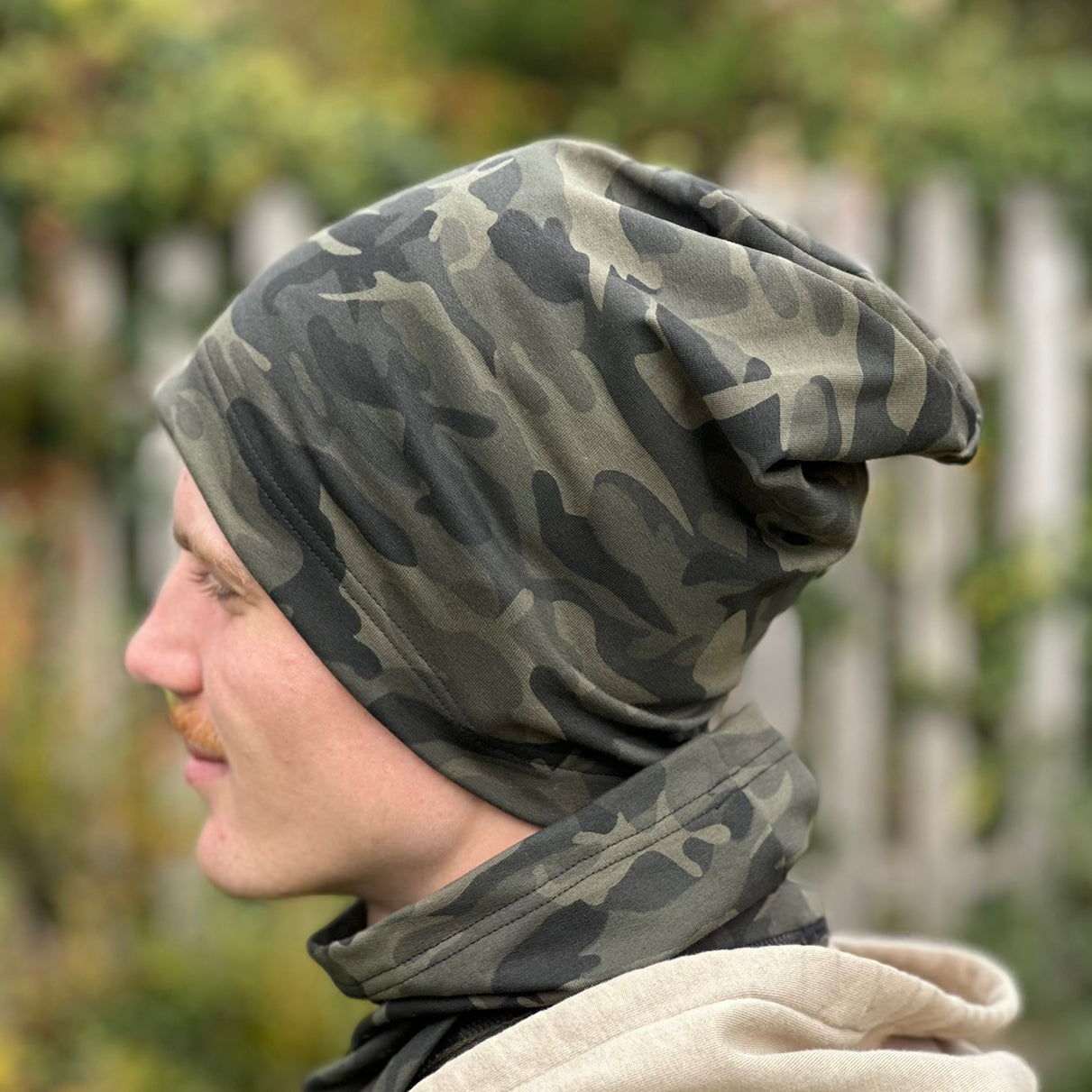 Jarní/podzimní čepice olivový maskáč