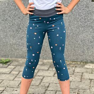 Letní 3/4 legíny kytičky na petrolejové